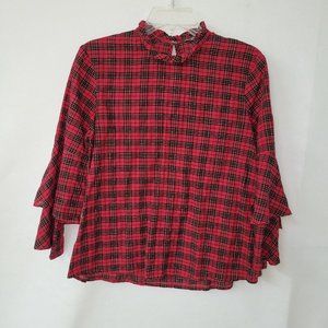 J McLaughlin Red Plaid Tiered Ruffle‎ Bell Sleeve Womens Blouse Size S 5202